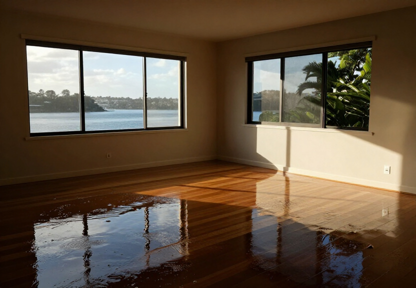 Flooded living room in Camperdown with water damage to walls and carpet