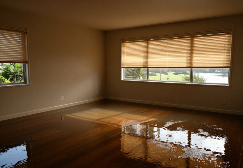 Waterlogged commercial space in Camperdown with damaged flooring